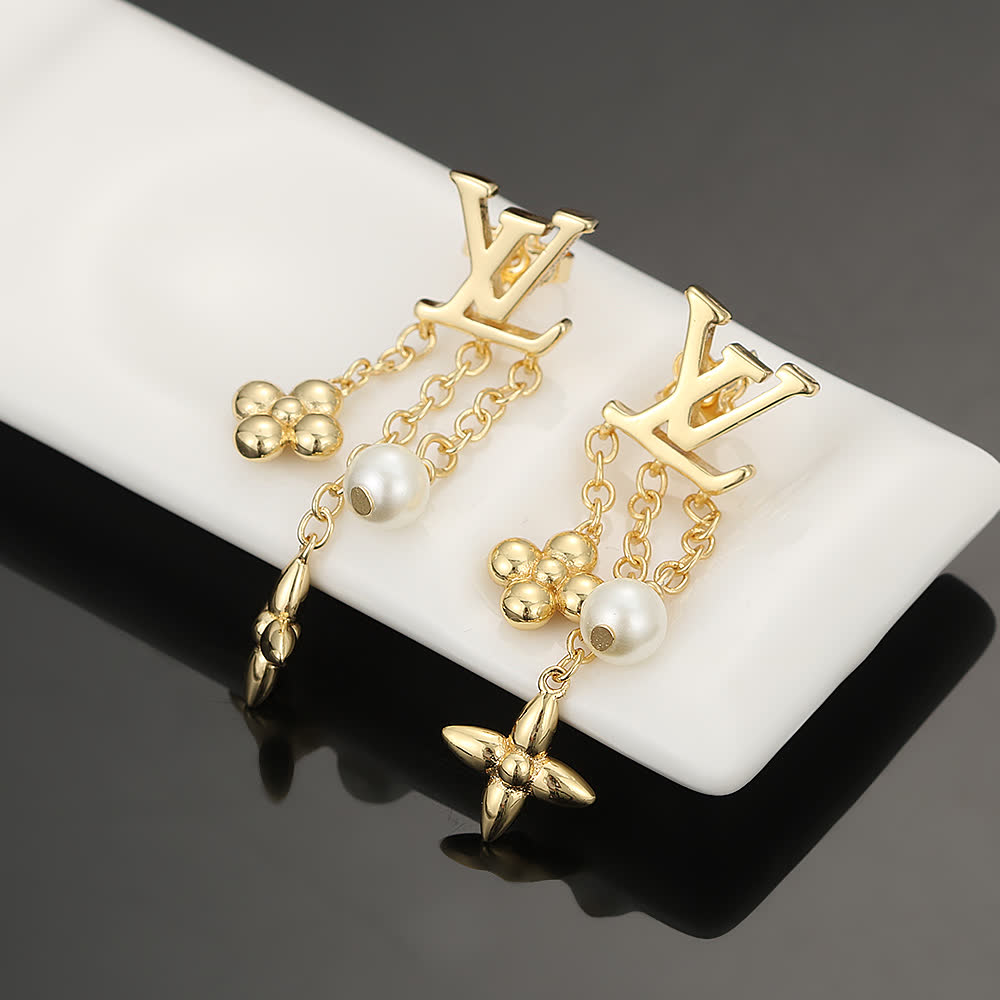 Louis Vuitton Gold Tone Earrings with Pearl and Flower Charms